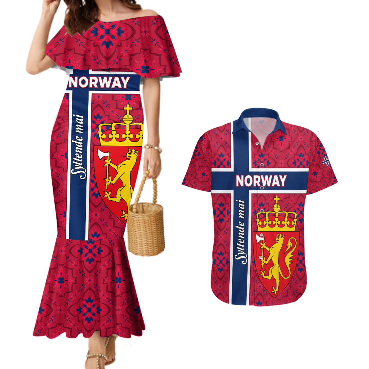 Norway Constitution Day Couples Matching Mermaid Dress and Hawaiian Shirt Norge Folk Pattern Flag Style - Wonder Print Shop