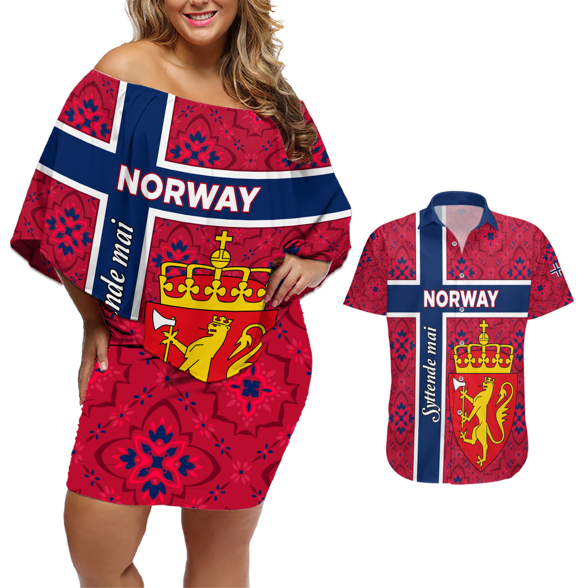 Norway Constitution Day Couples Matching Off Shoulder Short Dress and Hawaiian Shirt Norge Folk Pattern Flag Style - Wonder Print Shop