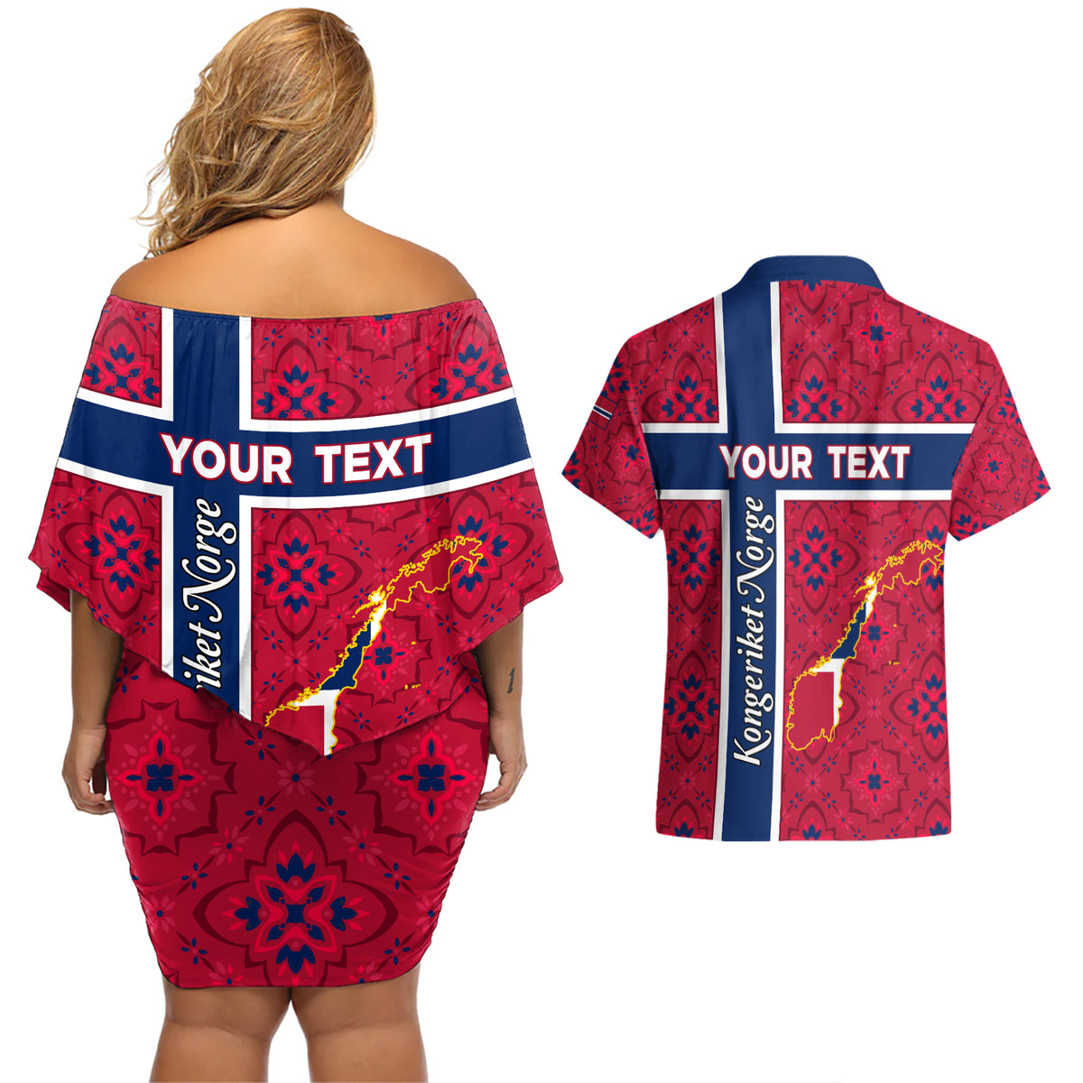 Norway Constitution Day Couples Matching Off Shoulder Short Dress and Hawaiian Shirt Norge Folk Pattern Flag Style - Wonder Print Shop