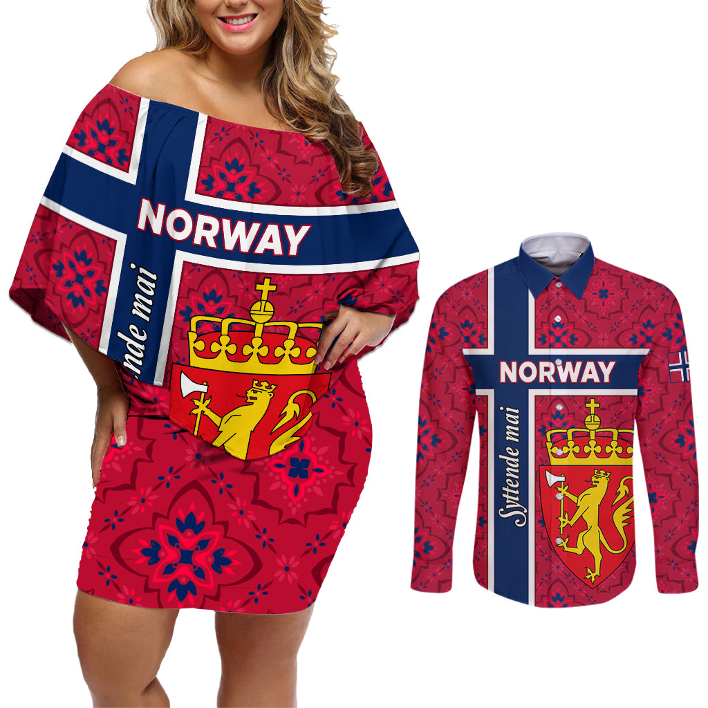 Norway Constitution Day Couples Matching Off Shoulder Short Dress and Long Sleeve Button Shirt Norge Folk Pattern Flag Style - Wonder Print Shop