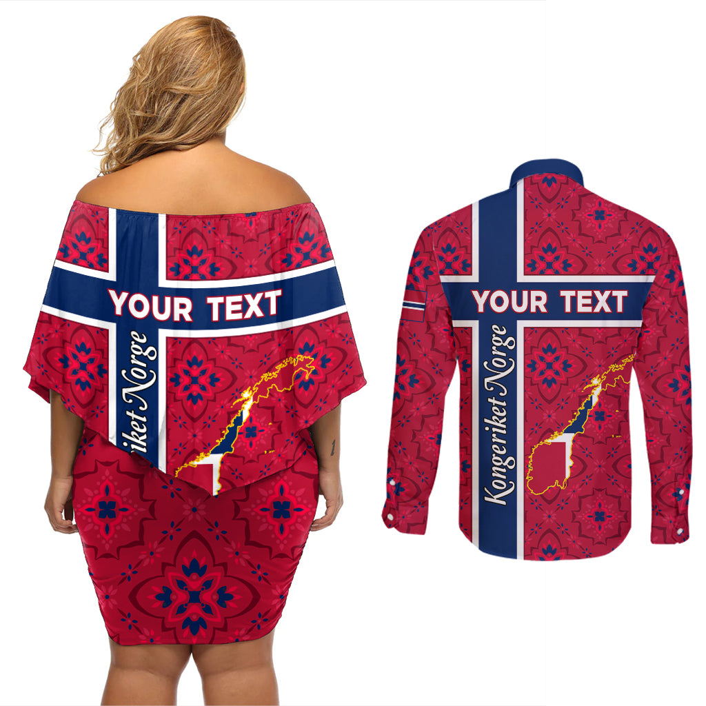 Norway Constitution Day Couples Matching Off Shoulder Short Dress and Long Sleeve Button Shirt Norge Folk Pattern Flag Style - Wonder Print Shop