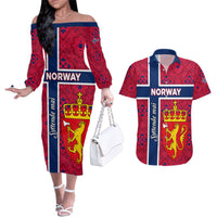 Norway Constitution Day Couples Matching Off The Shoulder Long Sleeve Dress and Hawaiian Shirt Norge Folk Pattern Flag Style - Wonder Print Shop