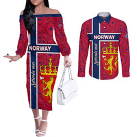 Norway Constitution Day Couples Matching Off The Shoulder Long Sleeve Dress and Long Sleeve Button Shirt Norge Folk Pattern Flag Style