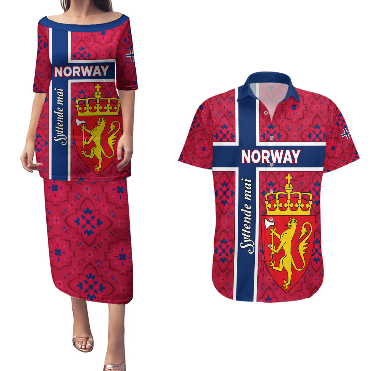 Norway Constitution Day Couples Matching Puletasi and Hawaiian Shirt Norge Folk Pattern Flag Style - Wonder Print Shop