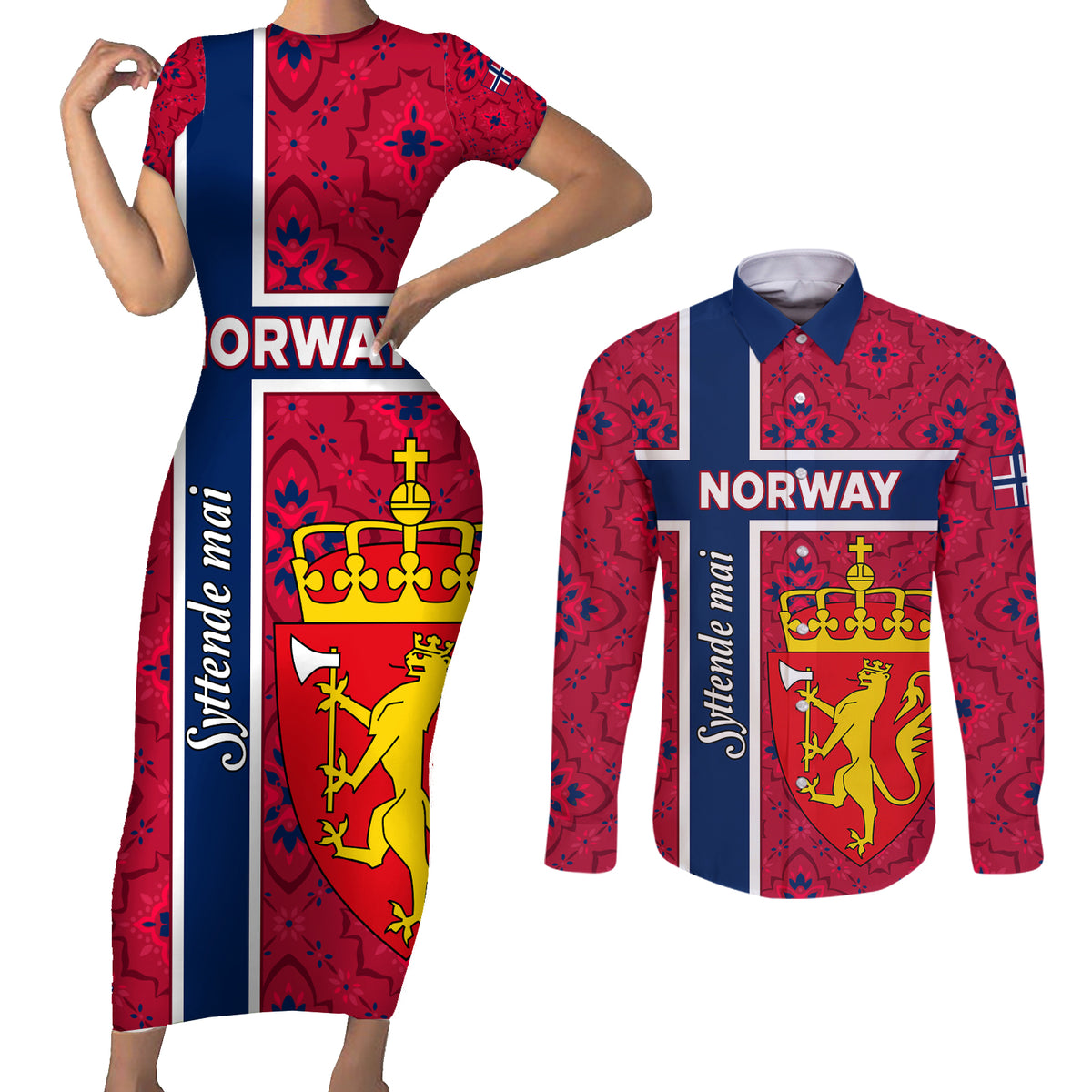 Norway Constitution Day Couples Matching Short Sleeve Bodycon Dress and Long Sleeve Button Shirt Norge Folk Pattern Flag Style - Wonder Print Shop