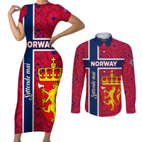 Norway Constitution Day Couples Matching Short Sleeve Bodycon Dress and Long Sleeve Button Shirt Norge Folk Pattern Flag Style - Wonder Print Shop