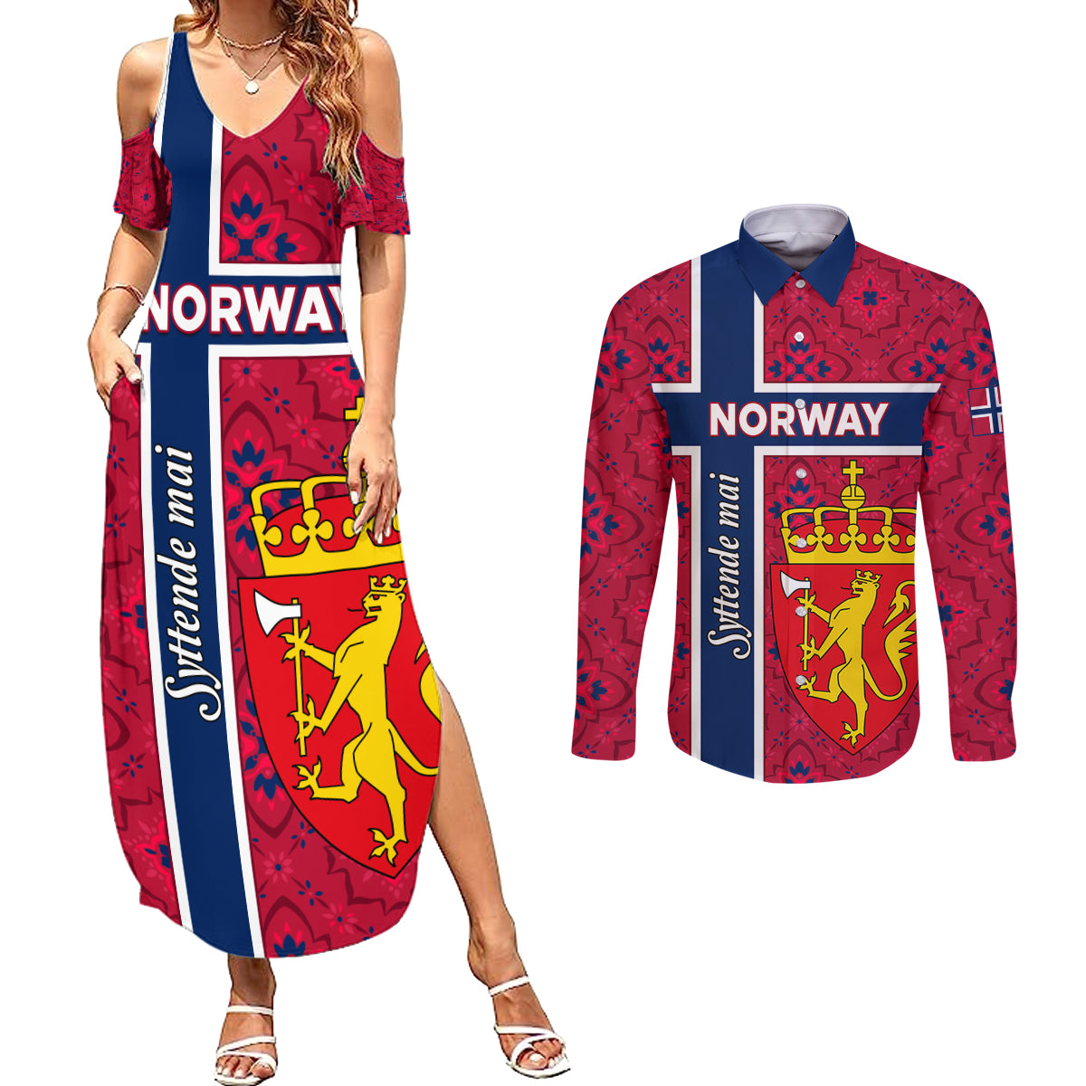 Norway Constitution Day Couples Matching Summer Maxi Dress and Long Sleeve Button Shirt Norge Folk Pattern Flag Style - Wonder Print Shop