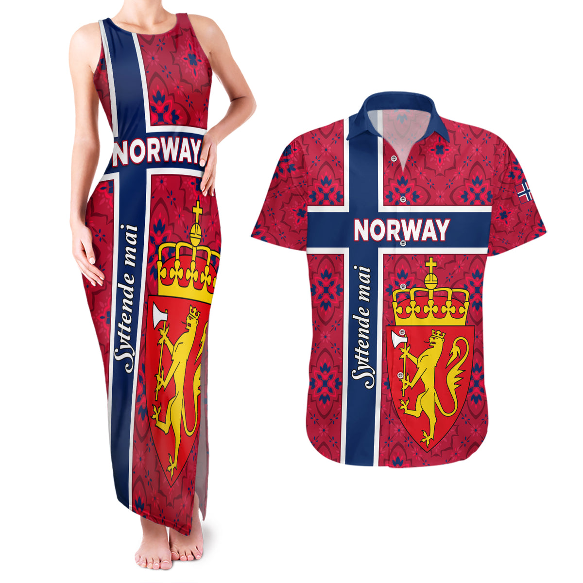 Norway Constitution Day Couples Matching Tank Maxi Dress and Hawaiian Shirt Norge Folk Pattern Flag Style - Wonder Print Shop