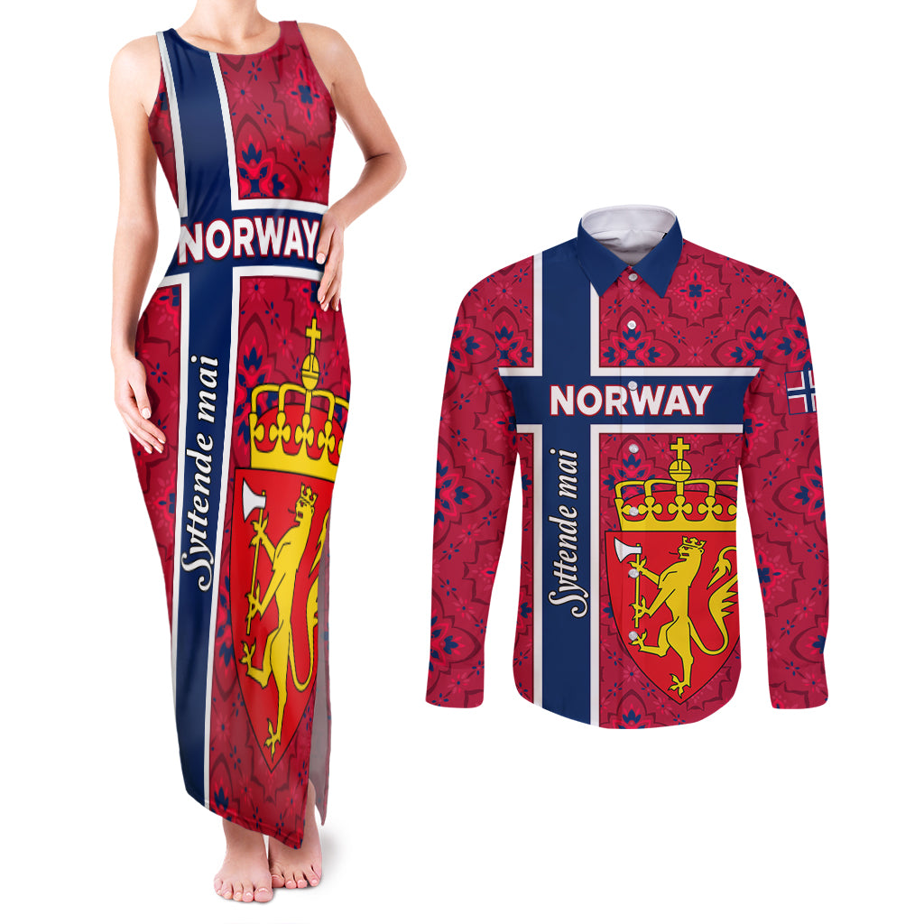 Norway Constitution Day Couples Matching Tank Maxi Dress and Long Sleeve Button Shirt Norge Folk Pattern Flag Style - Wonder Print Shop