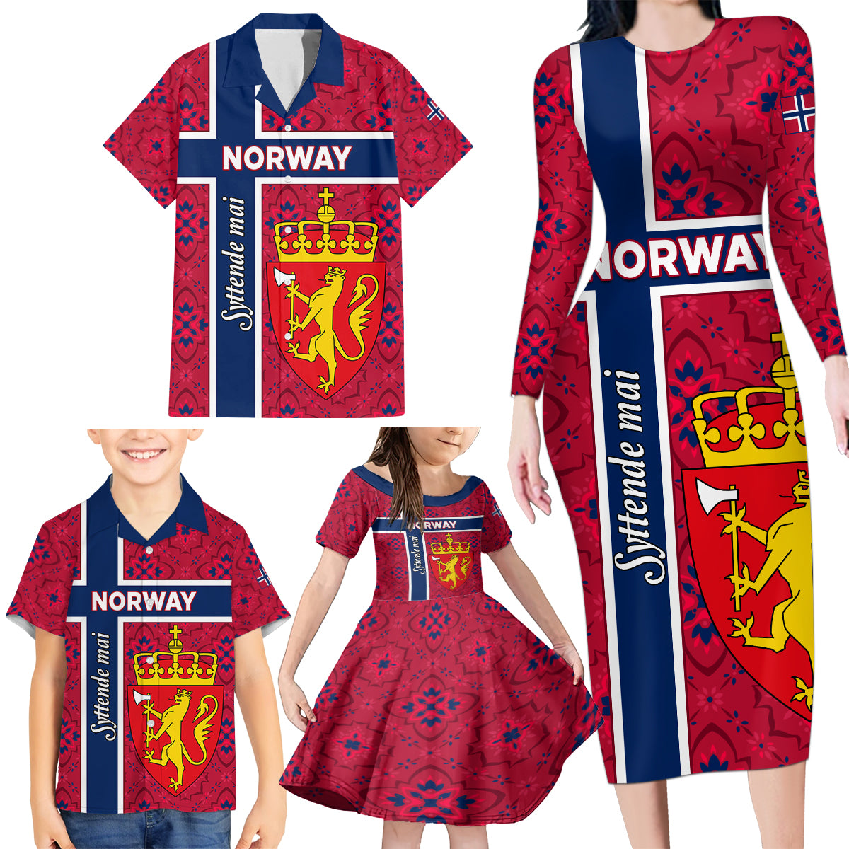 Norway Constitution Day Family Matching Long Sleeve Bodycon Dress and Hawaiian Shirt Norge Folk Pattern Flag Style - Wonder Print Shop
