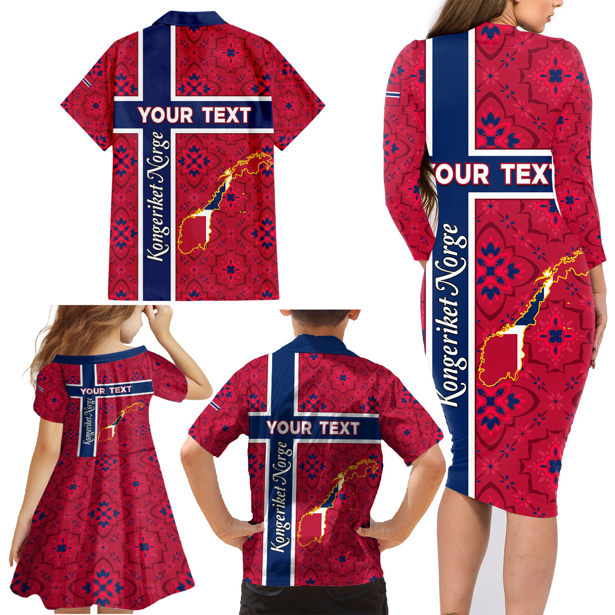 Norway Constitution Day Family Matching Long Sleeve Bodycon Dress and Hawaiian Shirt Norge Folk Pattern Flag Style - Wonder Print Shop