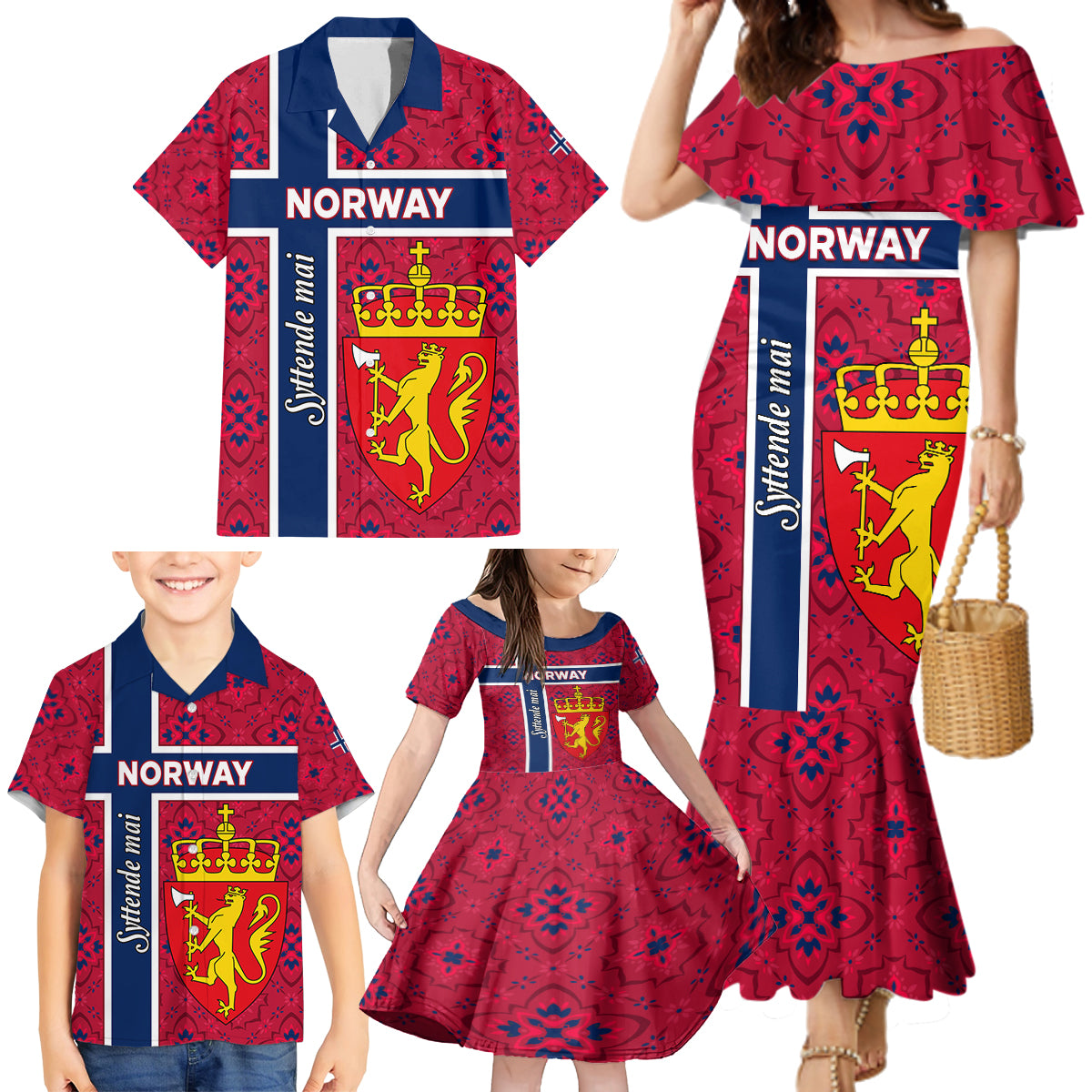 Norway Constitution Day Family Matching Mermaid Dress and Hawaiian Shirt Norge Folk Pattern Flag Style - Wonder Print Shop