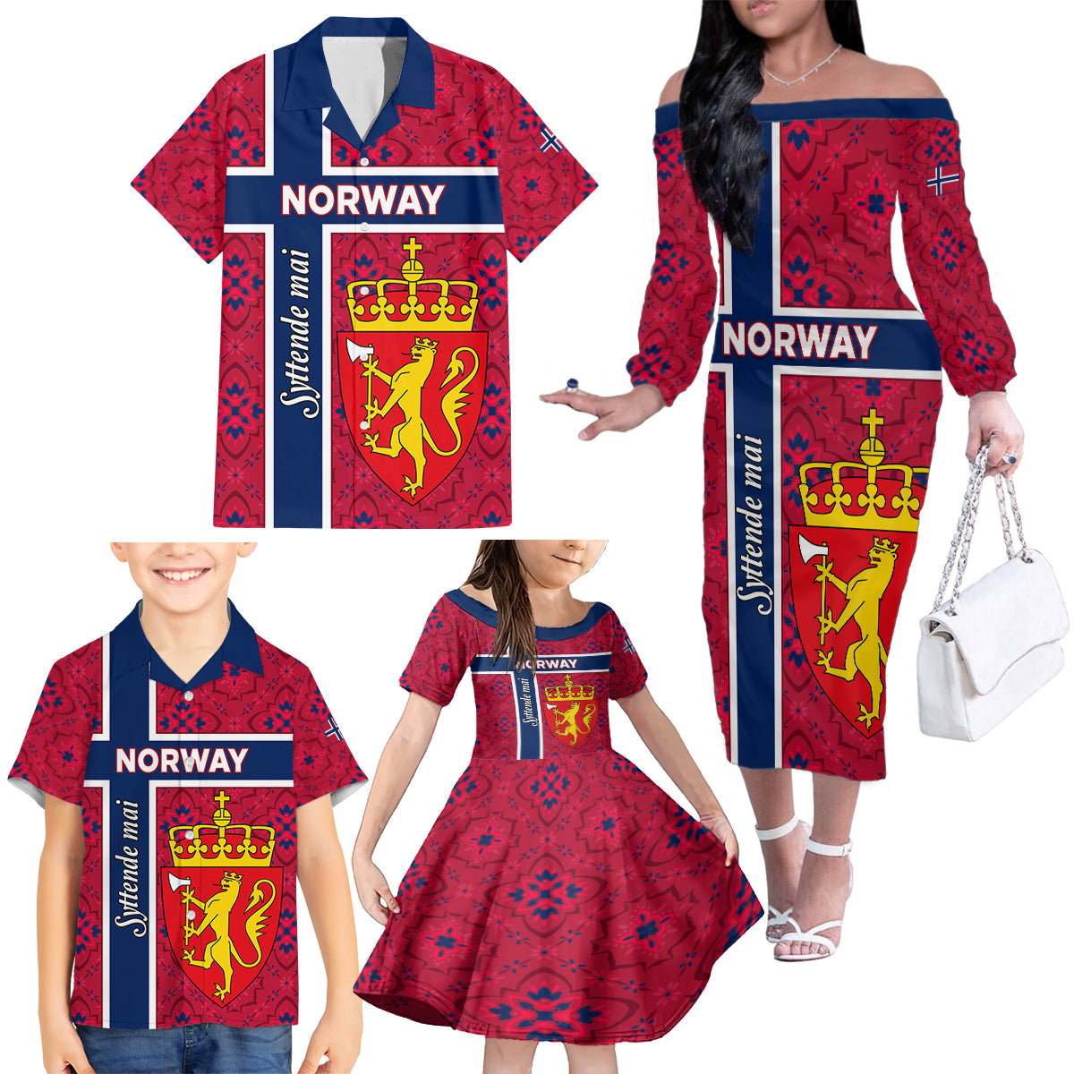 Norway Constitution Day Family Matching Off Shoulder Long Sleeve Dress and Hawaiian Shirt Norge Folk Pattern Flag Style - Wonder Print Shop