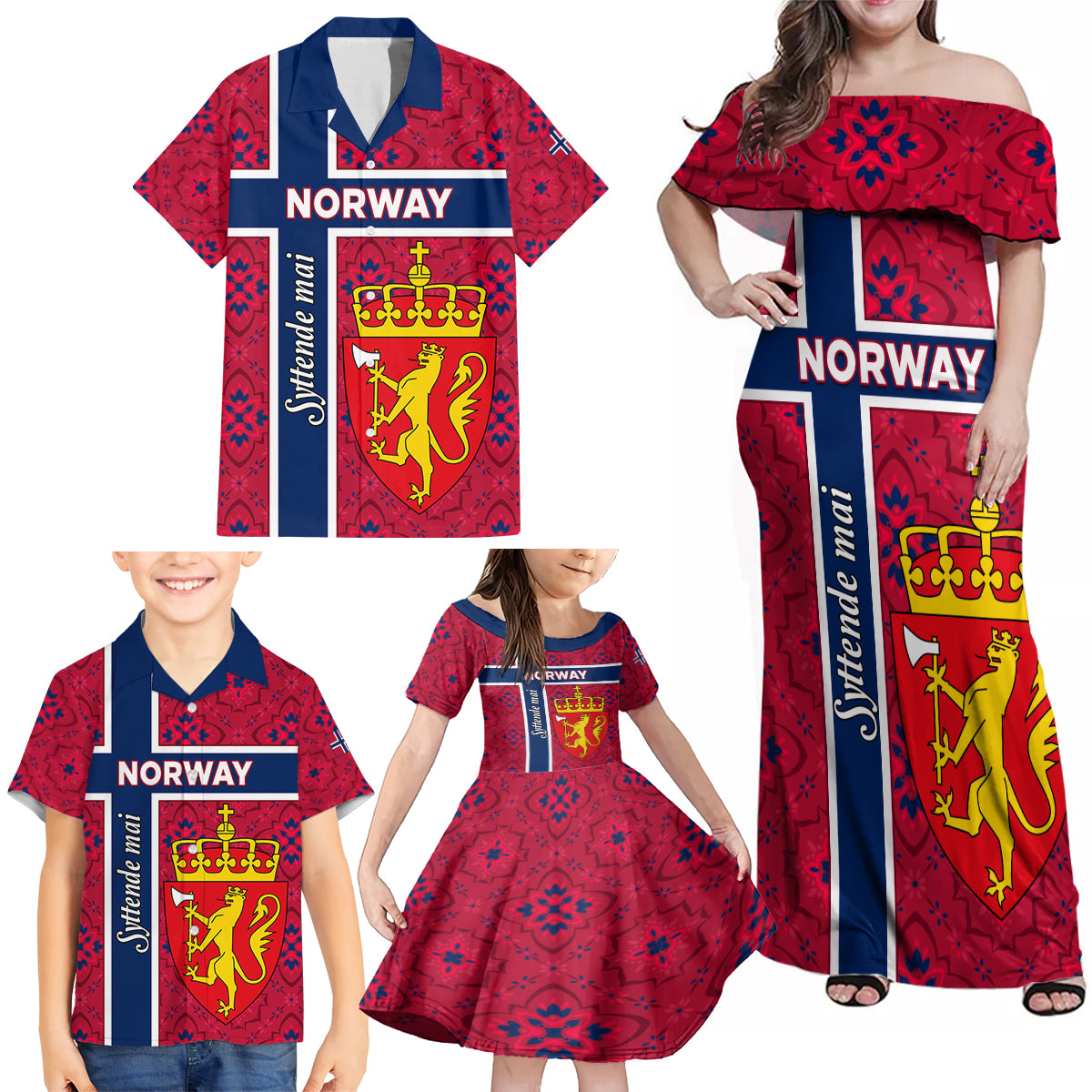 Norway Constitution Day Family Matching Off Shoulder Maxi Dress and Hawaiian Shirt Norge Folk Pattern Flag Style - Wonder Print Shop