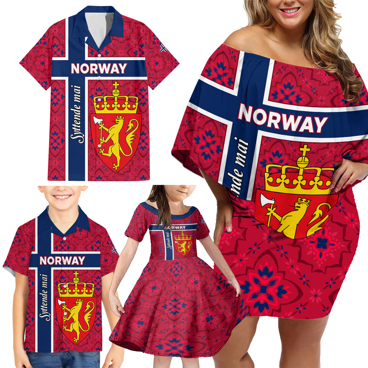 Norway Constitution Day Family Matching Off Shoulder Short Dress and Hawaiian Shirt Norge Folk Pattern Flag Style - Wonder Print Shop