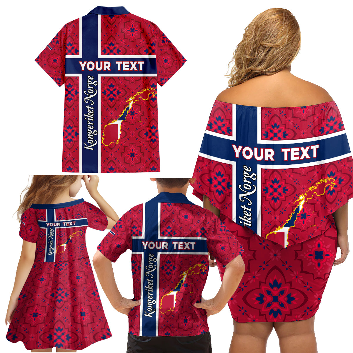 Norway Constitution Day Family Matching Off Shoulder Short Dress and Hawaiian Shirt Norge Folk Pattern Flag Style - Wonder Print Shop