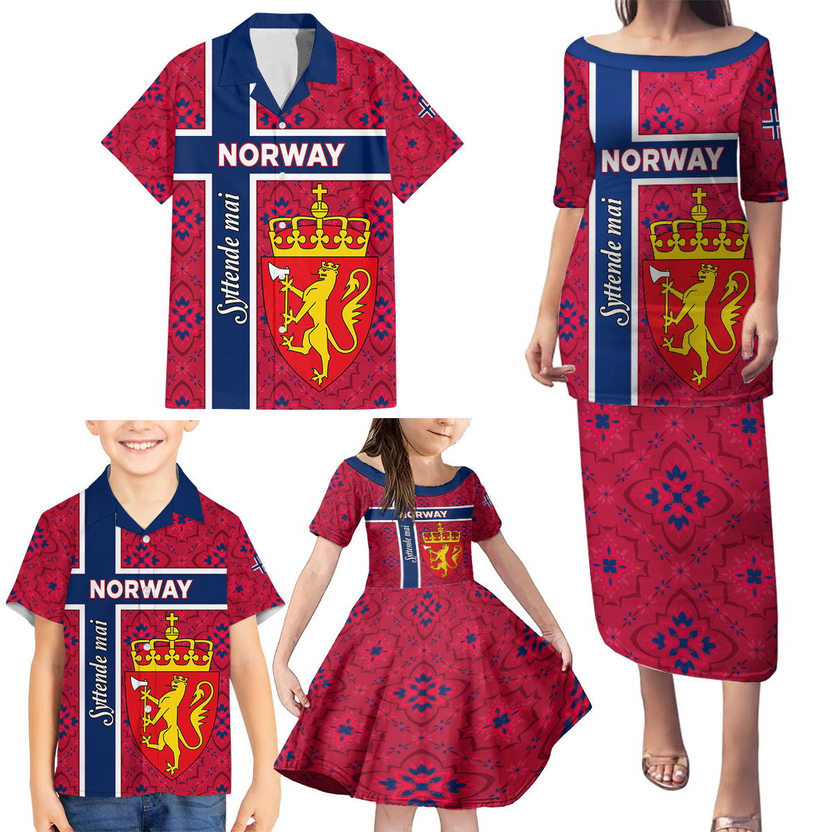 Norway Constitution Day Family Matching Puletasi and Hawaiian Shirt Norge Folk Pattern Flag Style - Wonder Print Shop
