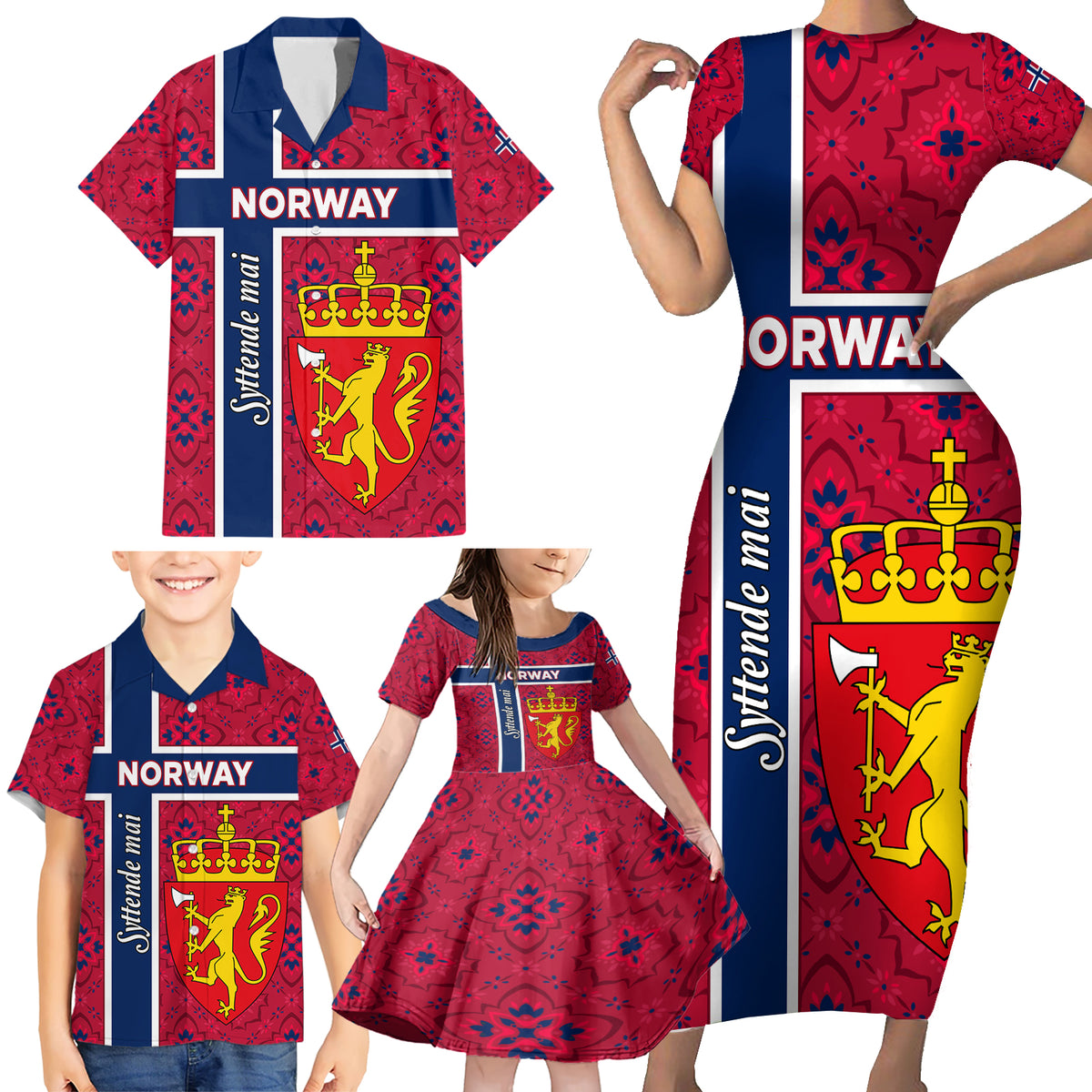 Norway Constitution Day Family Matching Short Sleeve Bodycon Dress and Hawaiian Shirt Norge Folk Pattern Flag Style - Wonder Print Shop