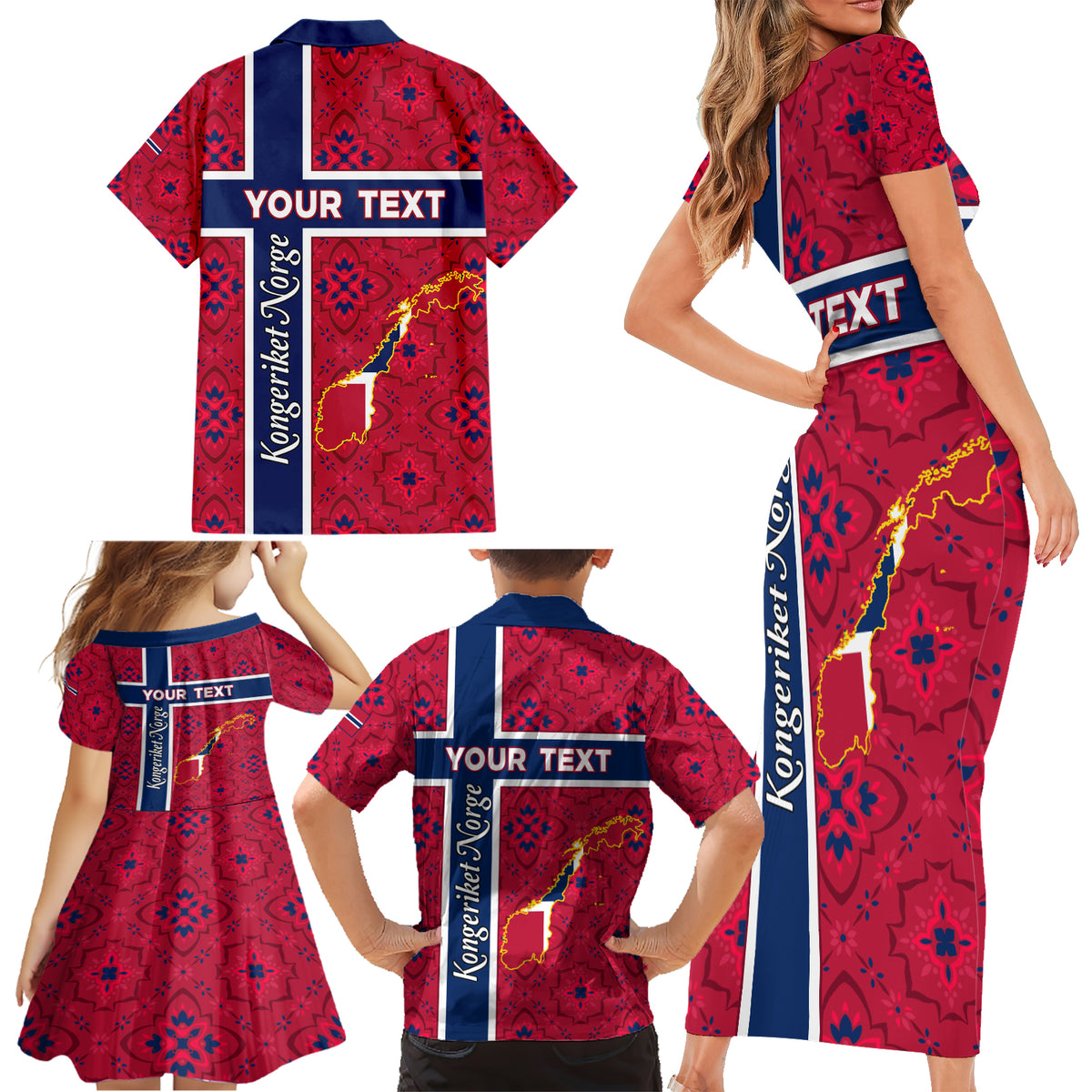 Norway Constitution Day Family Matching Short Sleeve Bodycon Dress and Hawaiian Shirt Norge Folk Pattern Flag Style - Wonder Print Shop