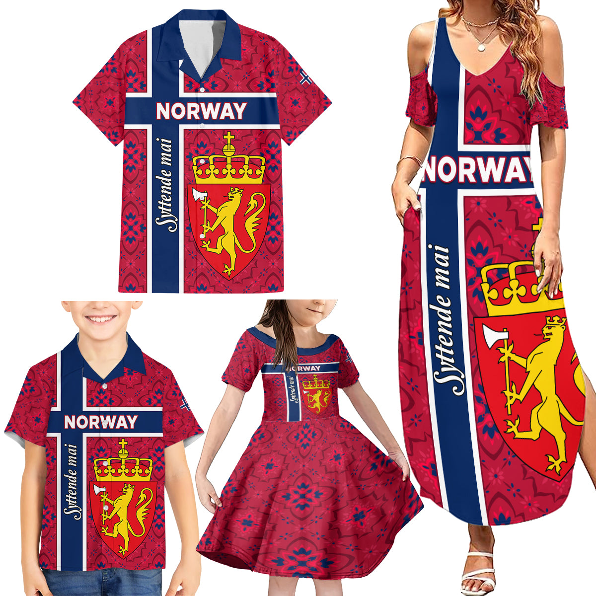 Norway Constitution Day Family Matching Summer Maxi Dress and Hawaiian Shirt Norge Folk Pattern Flag Style - Wonder Print Shop
