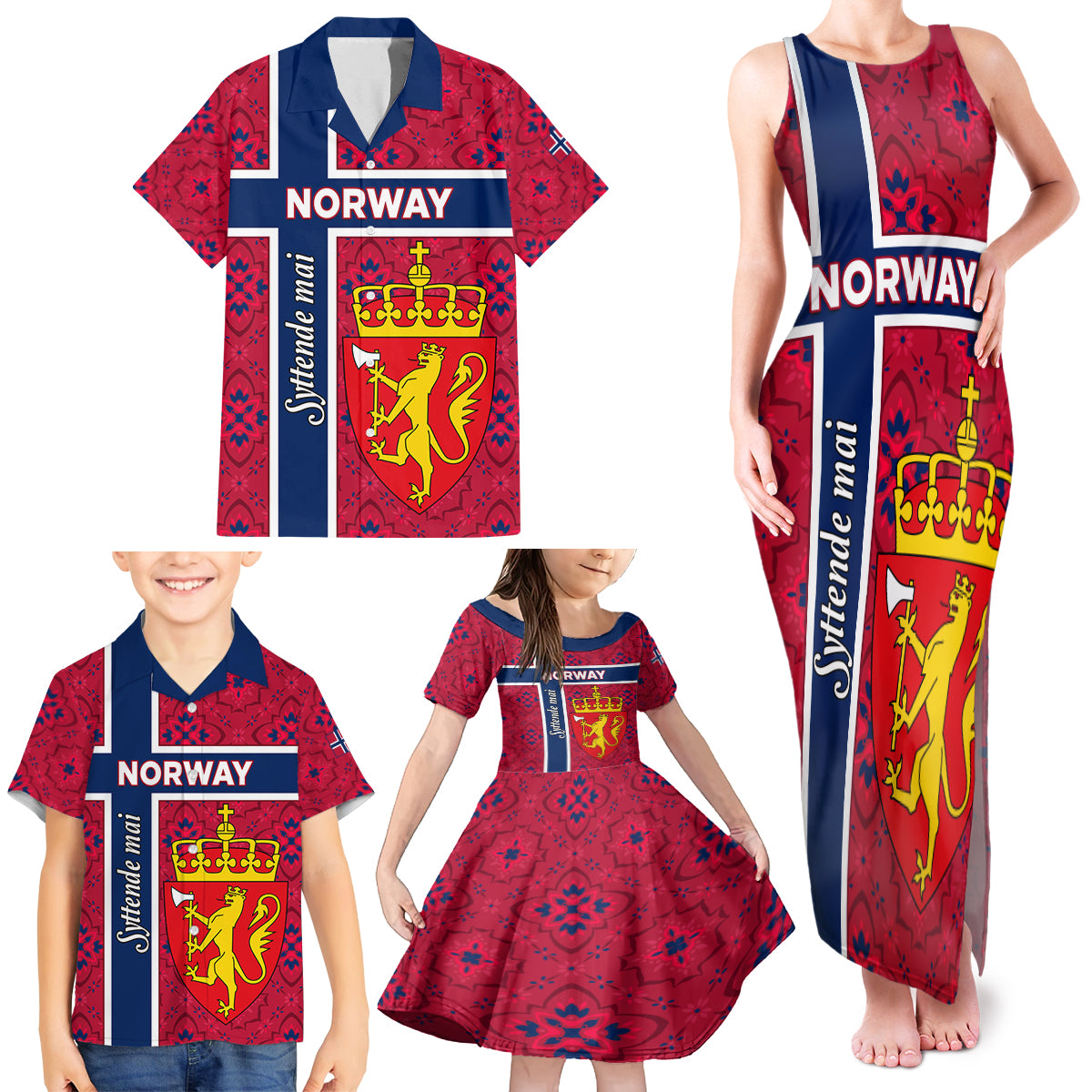 Norway Constitution Day Family Matching Tank Maxi Dress and Hawaiian Shirt Norge Folk Pattern Flag Style - Wonder Print Shop