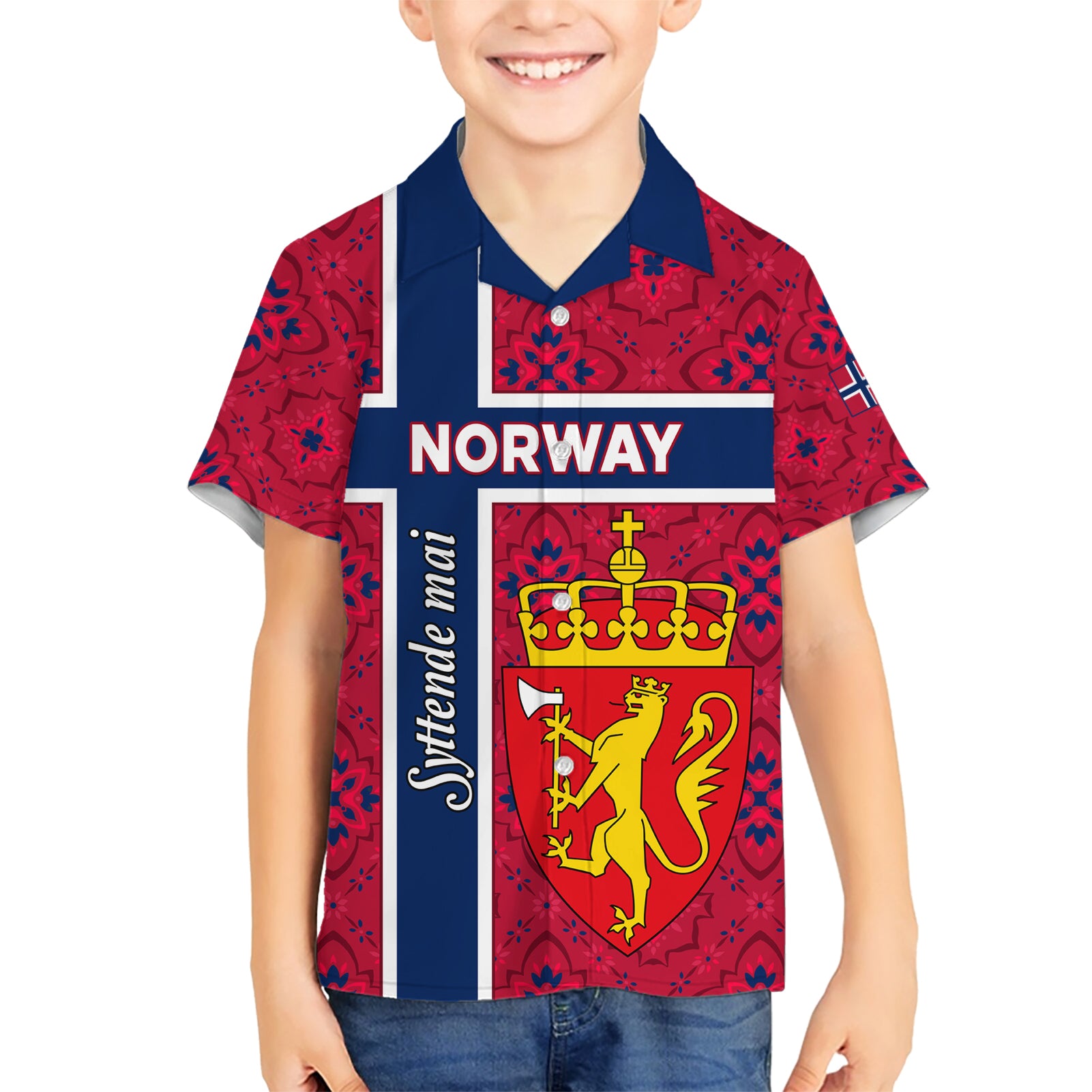 Norway Constitution Day Kid Hawaiian Shirt Norge Folk Pattern Flag Style - Wonder Print Shop