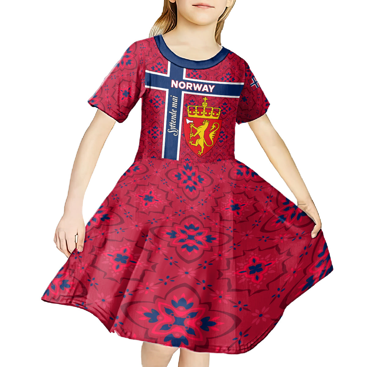 Norway Constitution Day Kid Short Sleeve Dress Norge Folk Pattern Flag Style - Wonder Print Shop