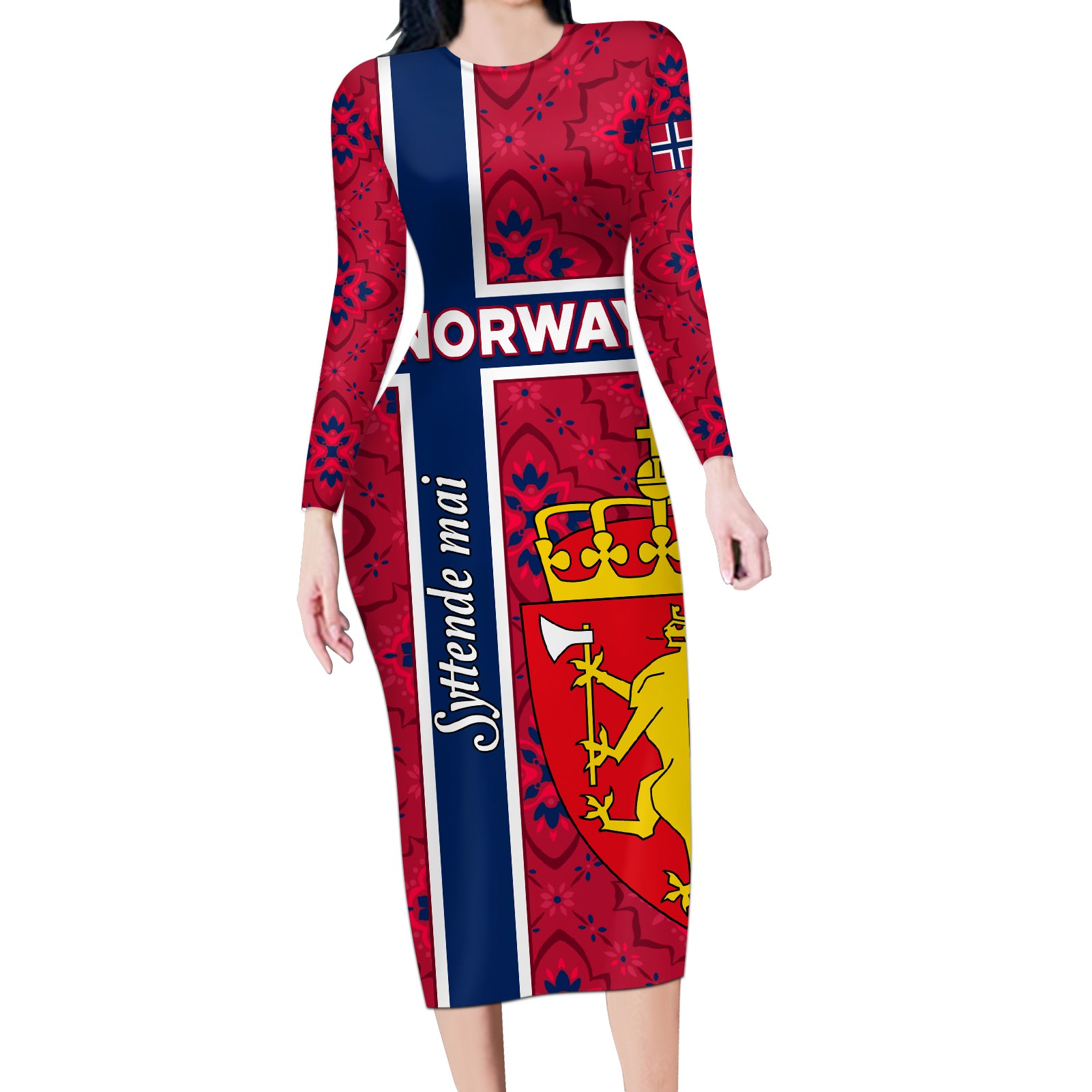 Norway Constitution Day Long Sleeve Bodycon Dress Norge Folk Pattern Flag Style - Wonder Print Shop