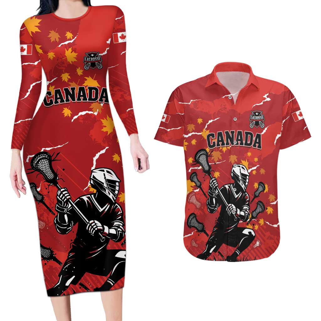 Custom Canada Lacrosse Couples Matching Long Sleeve Bodycon Dress and Hawaiian Shirt National Summer Sport