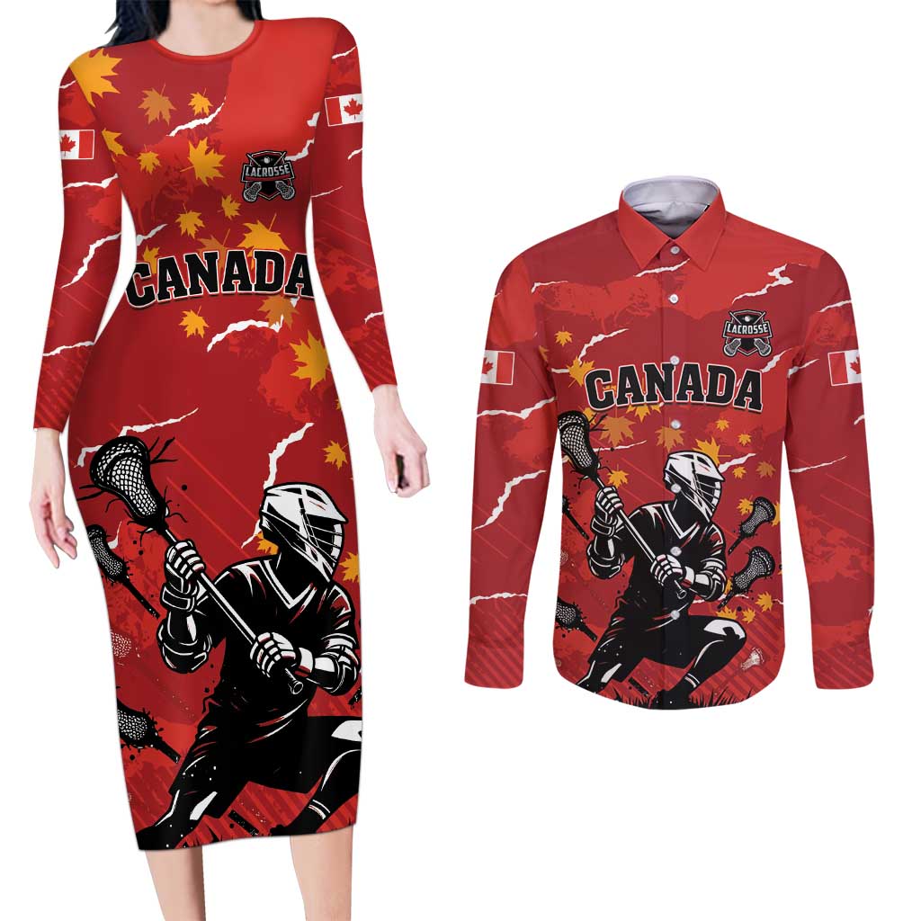 Custom Canada Lacrosse Couples Matching Long Sleeve Bodycon Dress and Long Sleeve Button Shirt National Summer Sport