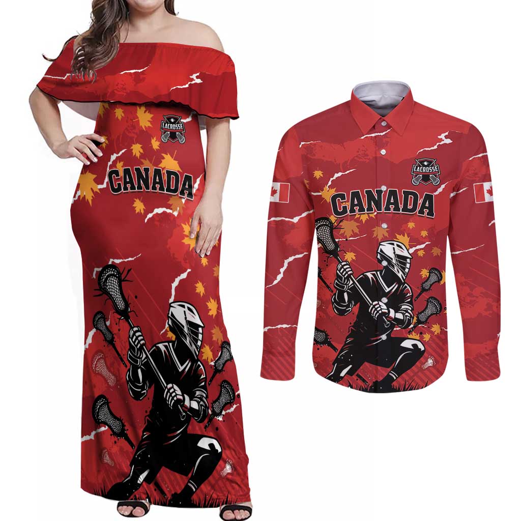 Custom Canada Lacrosse Couples Matching Off Shoulder Maxi Dress and Long Sleeve Button Shirt National Summer Sport