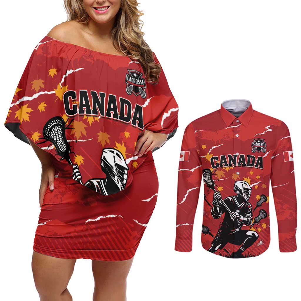 Custom Canada Lacrosse Couples Matching Off Shoulder Short Dress and Long Sleeve Button Shirt National Summer Sport