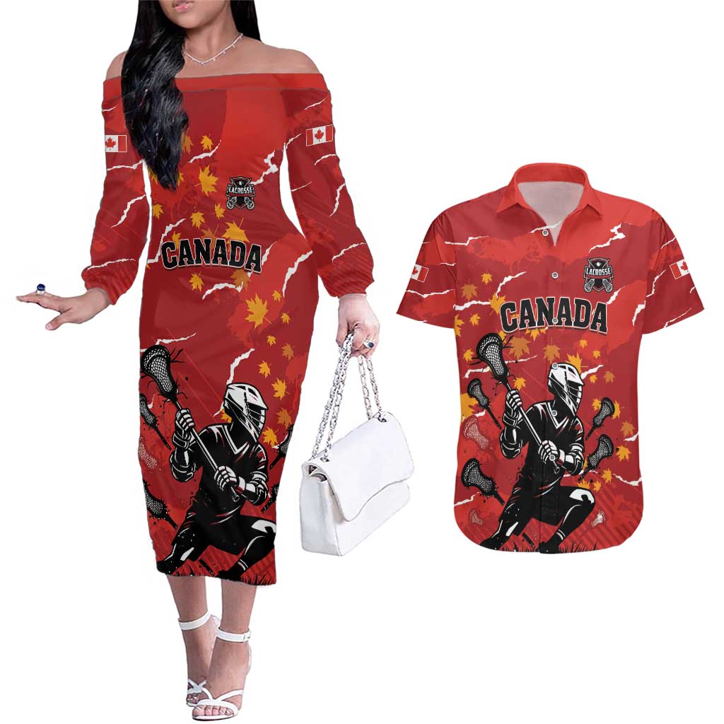 Custom Canada Lacrosse Couples Matching Off The Shoulder Long Sleeve Dress and Hawaiian Shirt National Summer Sport