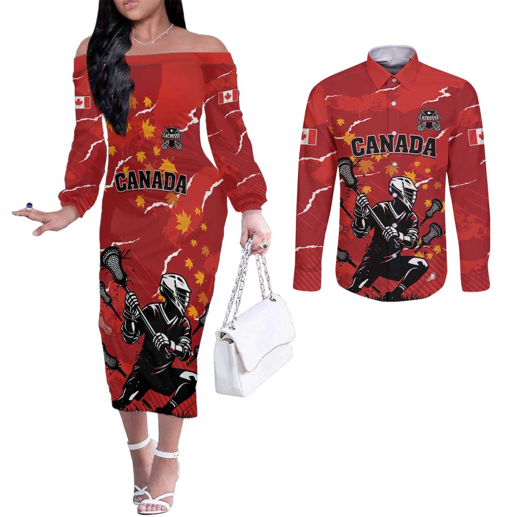 Custom Canada Lacrosse Couples Matching Off The Shoulder Long Sleeve Dress and Long Sleeve Button Shirt National Summer Sport