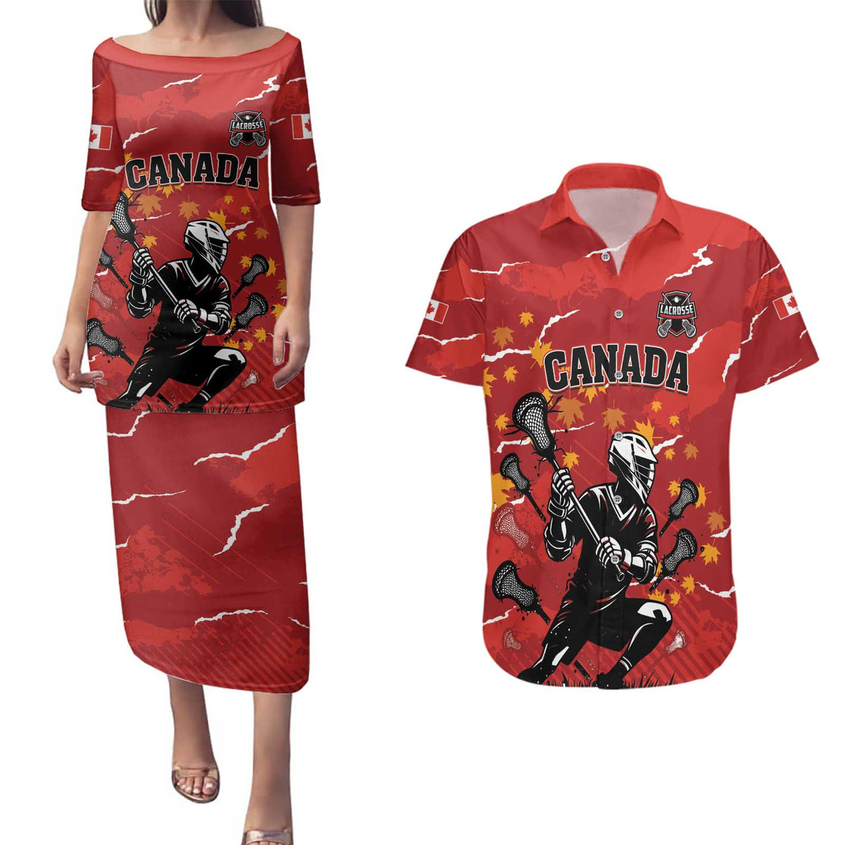 Custom Canada Lacrosse Couples Matching Puletasi and Hawaiian Shirt National Summer Sport