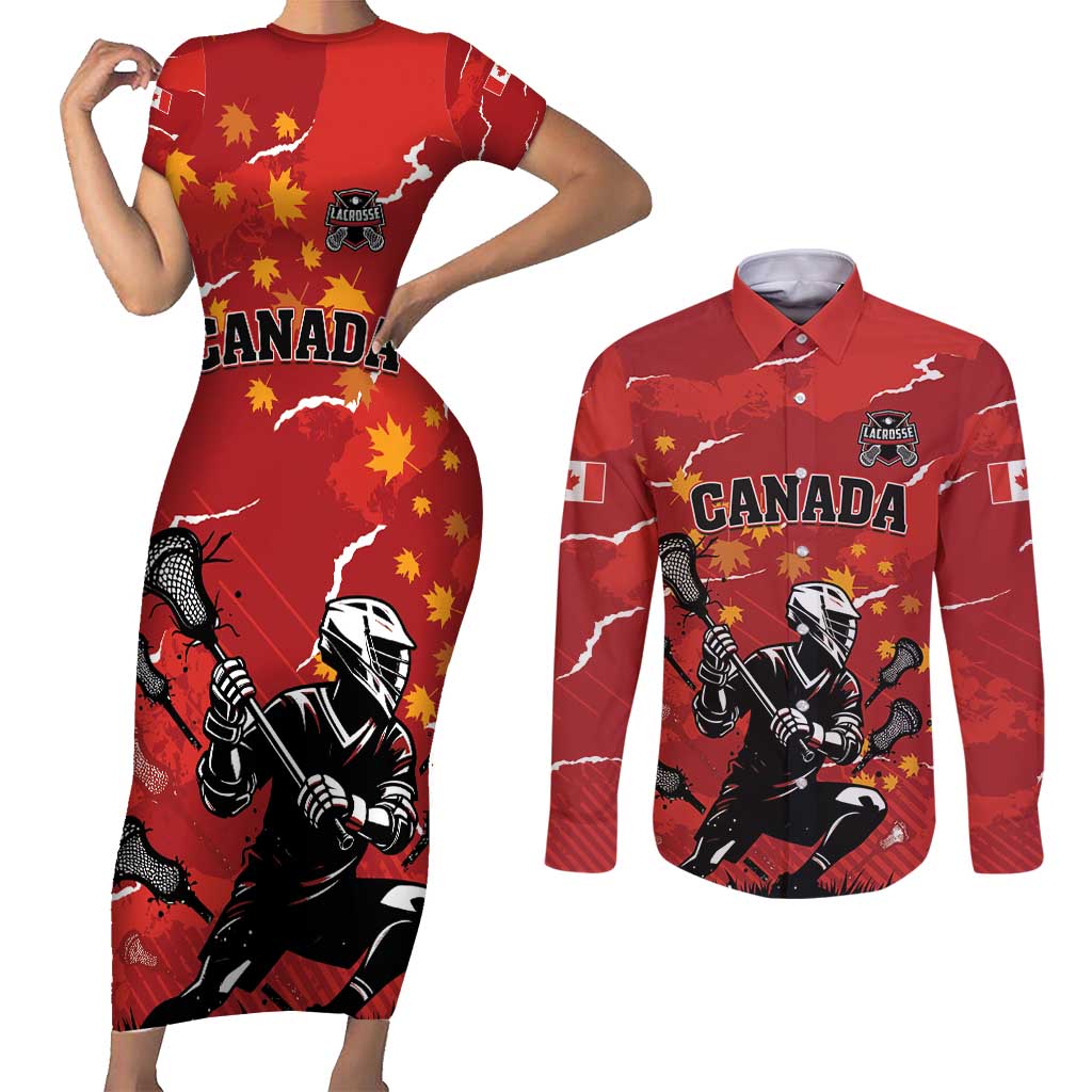 Custom Canada Lacrosse Couples Matching Short Sleeve Bodycon Dress and Long Sleeve Button Shirt National Summer Sport