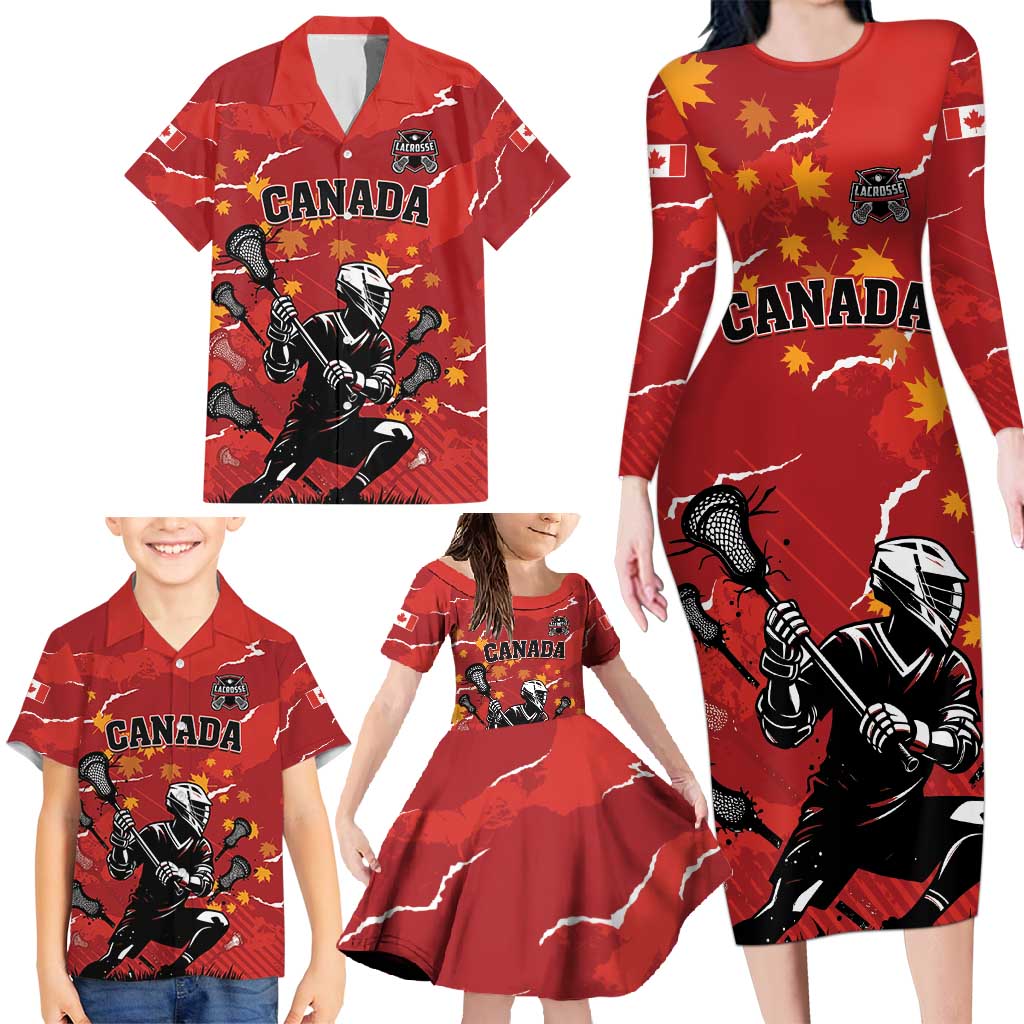 Custom Canada Lacrosse Family Matching Long Sleeve Bodycon Dress and Hawaiian Shirt National Summer Sport