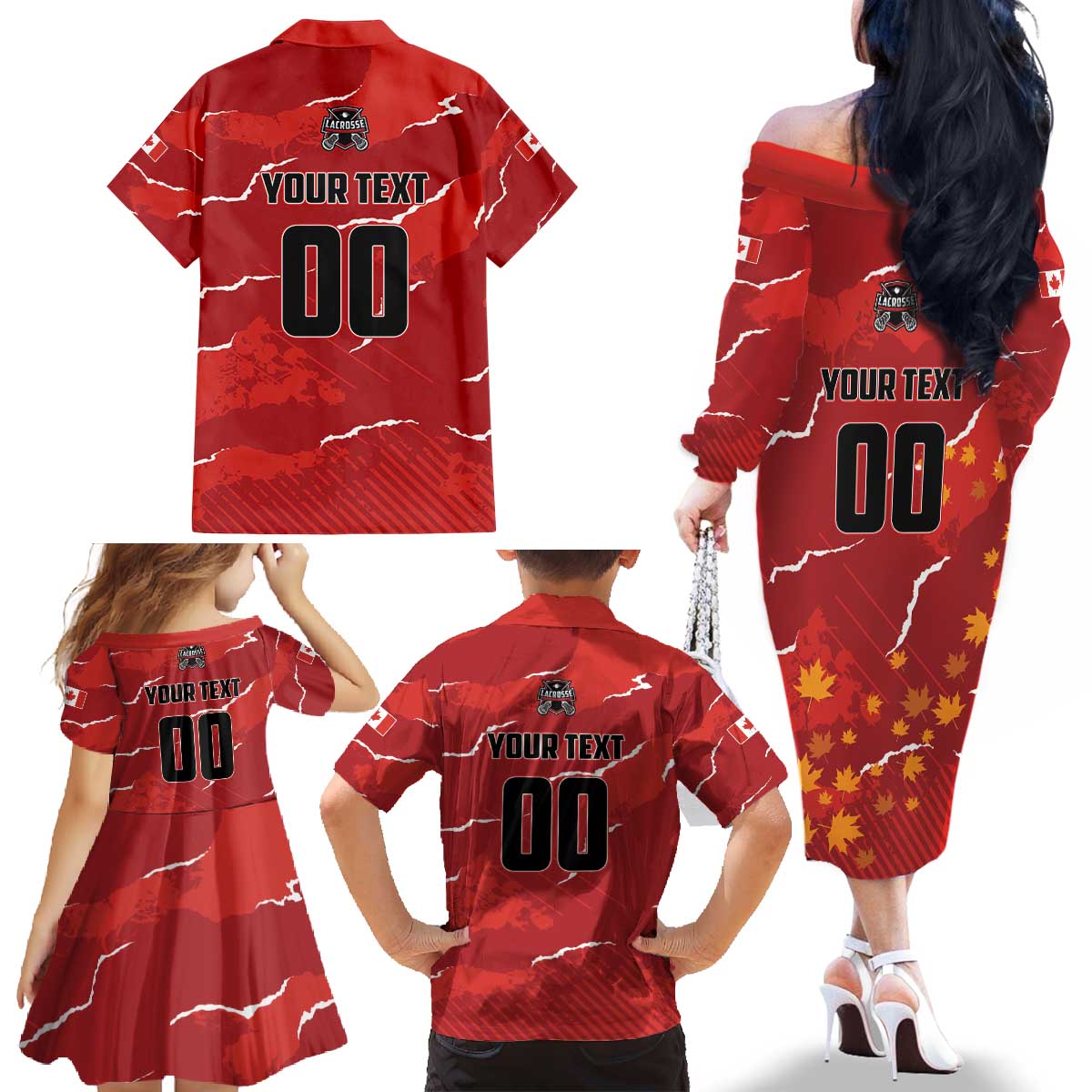 Custom Canada Lacrosse Family Matching Off The Shoulder Long Sleeve Dress and Hawaiian Shirt National Summer Sport