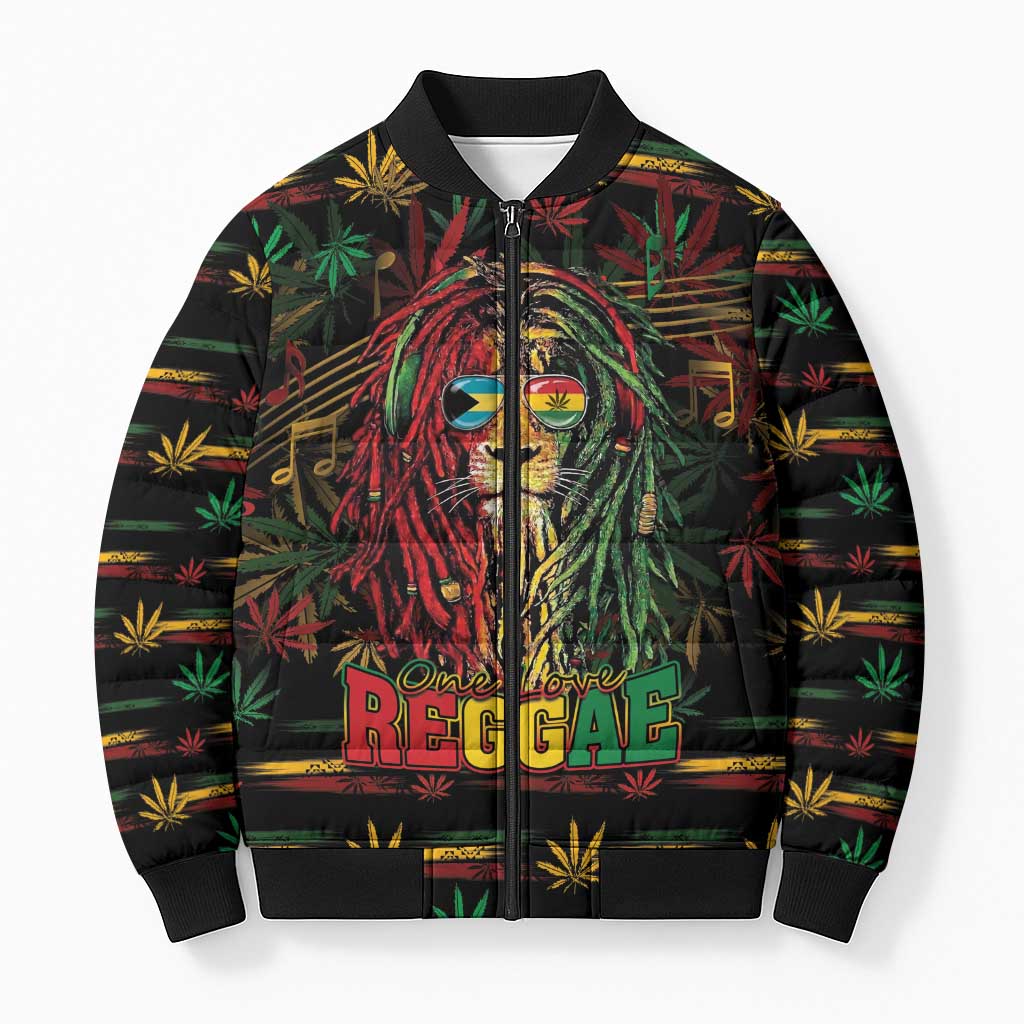 Personalized The Bahamas One Love Reggae Lion Bomber Puffer Jacket Caribbean Reggae Spirit