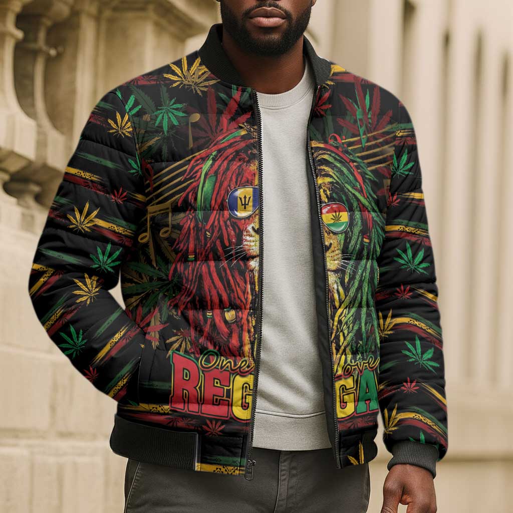 Personalized Barbados One Love Reggae Lion Bomber Puffer Jacket Caribbean Reggae Spirit