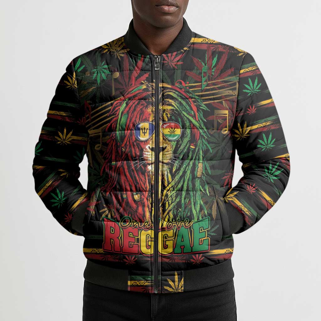 Personalized Barbados One Love Reggae Lion Bomber Puffer Jacket Caribbean Reggae Spirit