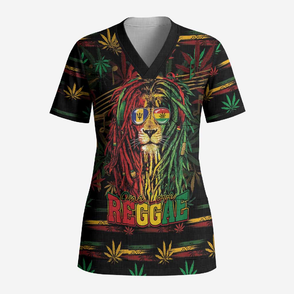 Personalized Barbados One Love Reggae Lion Scrub Top Caribbean Reggae Spirit