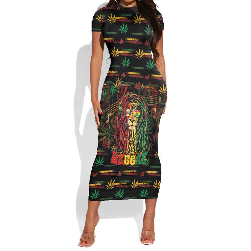 Personalized Barbados One Love Reggae Lion Short Sleeve Bodycon Dress Caribbean Reggae Spirit