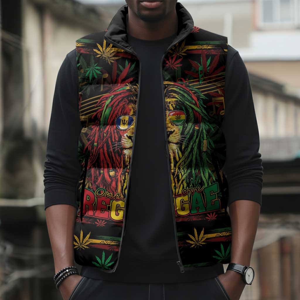 Personalized Barbados One Love Reggae Lion Sleeveless Puffer Jacket Caribbean Reggae Spirit