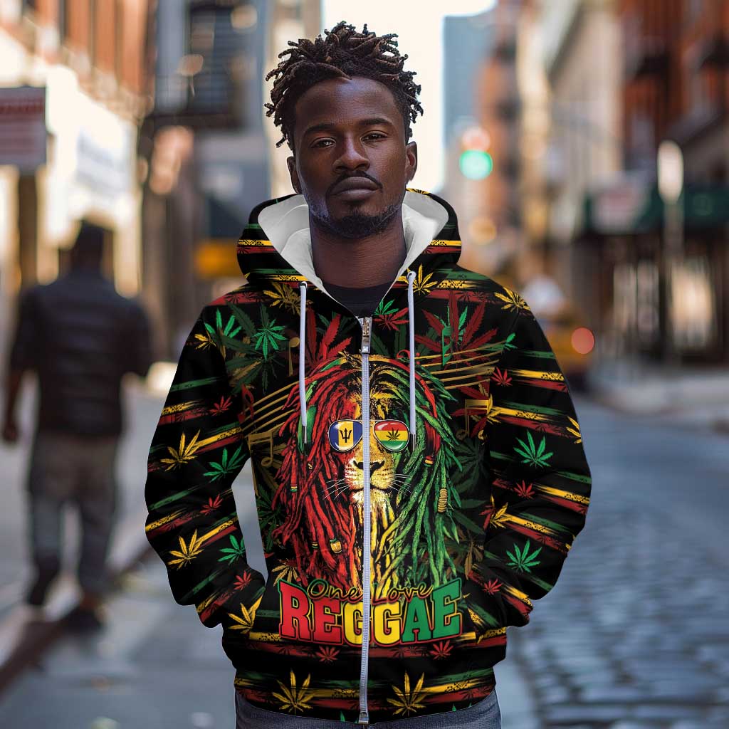 Personalized Barbados One Love Reggae Lion Zip Hoodie Caribbean Reggae Spirit