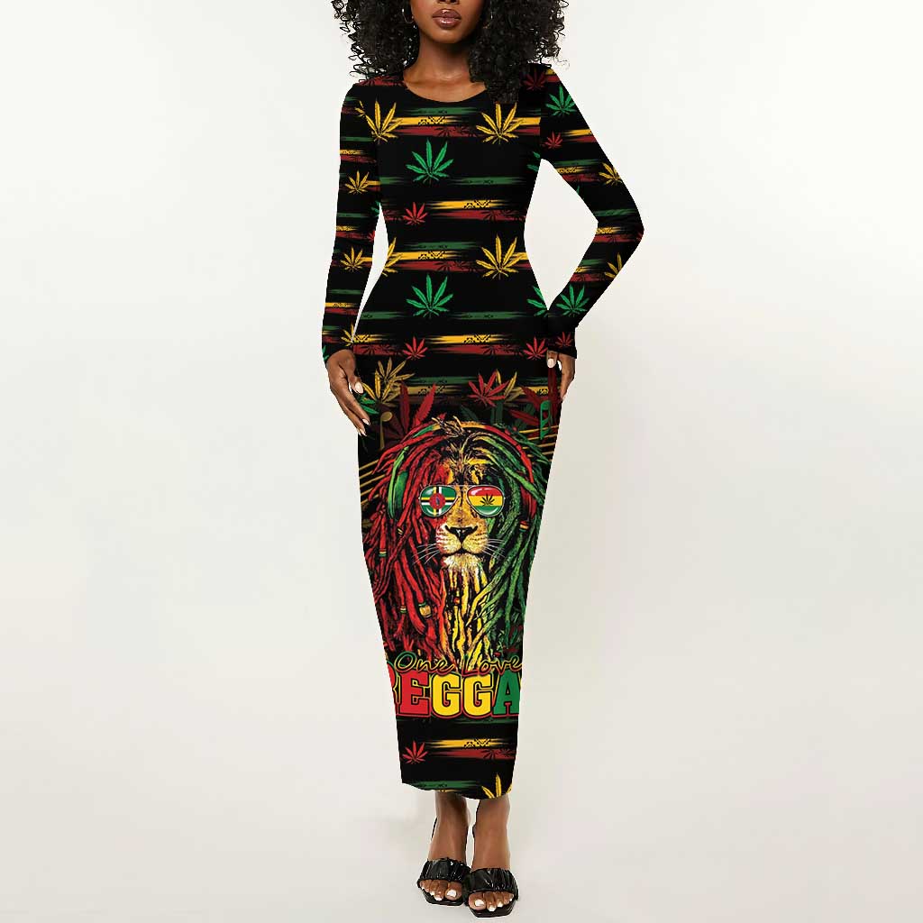 Personalized Dominica One Love Reggae Lion Long Sleeve Bodycon Dress Caribbean Reggae Spirit