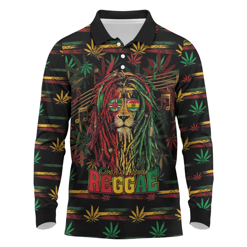 Personalized Dominica One Love Reggae Lion Long Sleeve Polo Shirt Caribbean Reggae Spirit