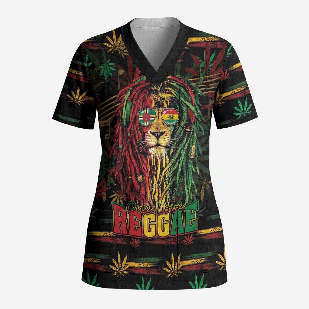 Personalized Dominica One Love Reggae Lion Scrub Top Caribbean Reggae Spirit
