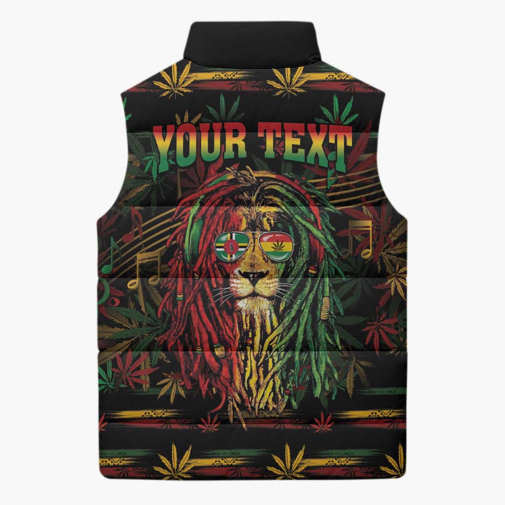 Personalized Dominica One Love Reggae Lion Sleeveless Puffer Jacket Caribbean Reggae Spirit