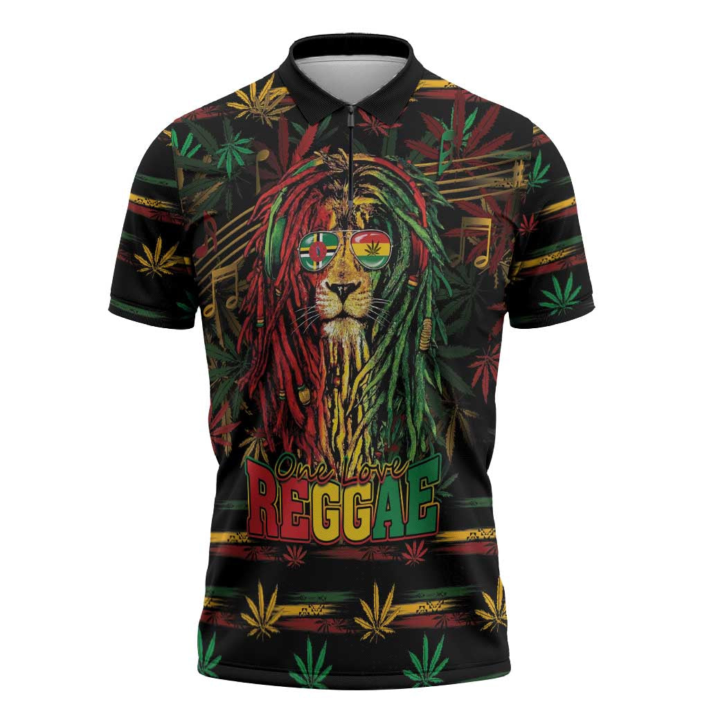 Personalized Dominica One Love Reggae Lion Zipper Polo Shirt Caribbean Reggae Spirit